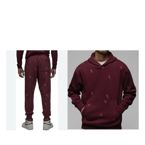 SET Jordan Essentials All Over Print Fleece Joggers Sweatshirt Cherry MINT XL - Picture 1 of 9